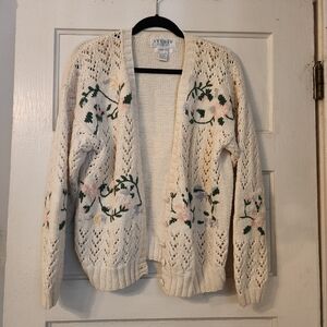 Vintage Hand Knit Cardigan Sweater, Cream w/Pastel Floral Sz Med Grandmacore EUC